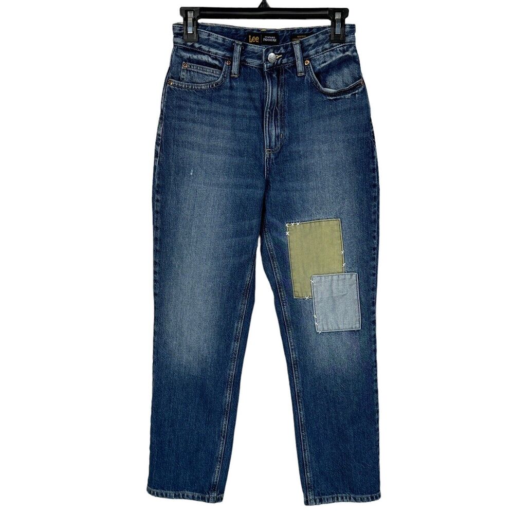 Lee Womens SZ 26 Straight Leg Ankle Jeans Hi-Rise Pockets Zip-Fly Patches Blue